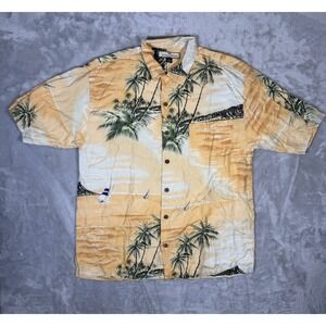 Tommy Bahama Mens Hawaiian Shirt Large 100% Silk Orange Beach Boat‎ Front Resort